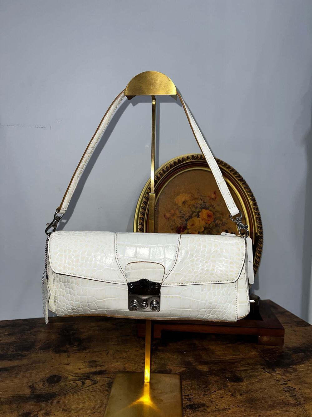 Danier White Croc-Embossed Leather Shoulder Bag with Silver Turn-Lock Hardware